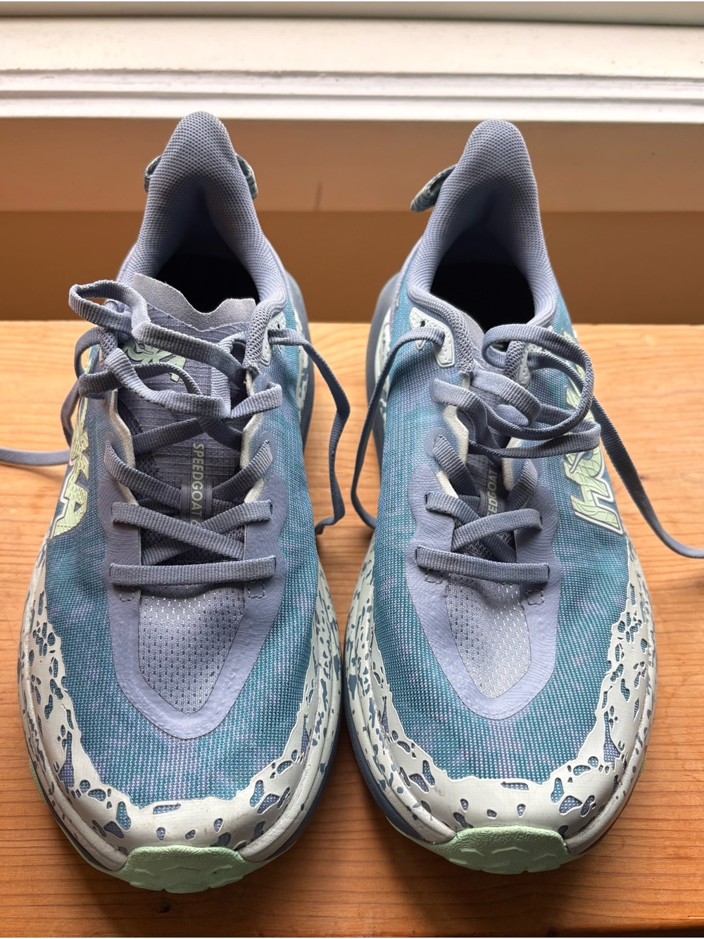 Hoka Women’s Teal and Light Blue Speedgoat Trail Runners 8.5 WIDE